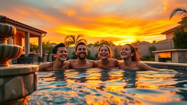 Family in pool, cozy backyard at sunset, enjoying swim.