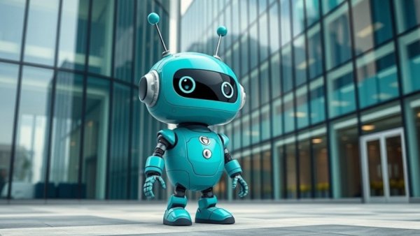 Cartoon teal robot by modern building, whimsical style