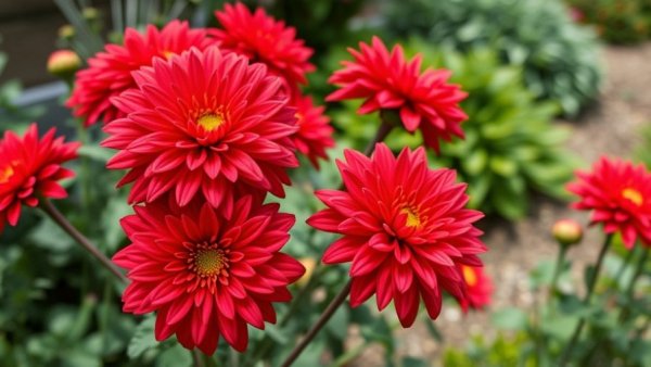 Red chrysanthemums blooming in an outdoor garden.