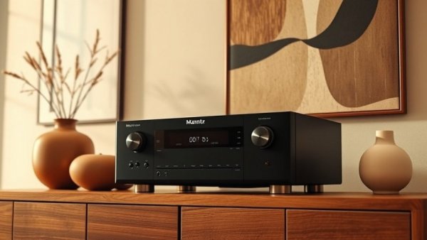 Marantz audio unit with Dirac Live Room Correction on wooden cabinet.