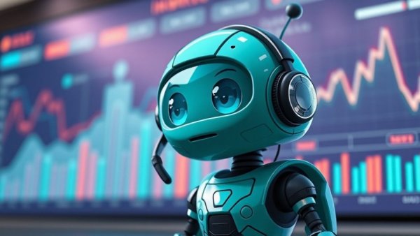 Teal robot exploring digital CRM interface.