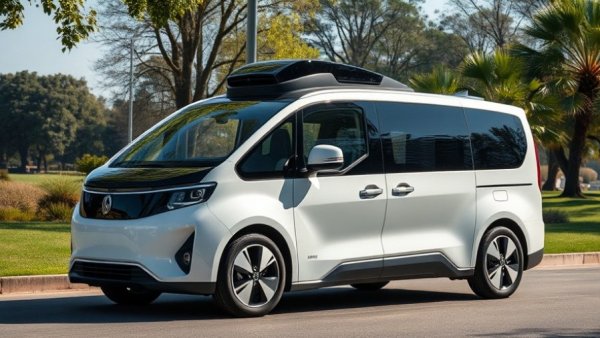 White autonomous minivan parked in a green park, May Mobility SPAC deal.