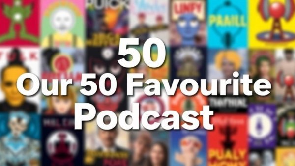 Colorful podcast collage promoting the best podcasts for every mood.