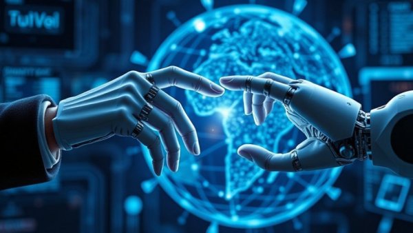 Futuristic interaction between human and robot representing Quantum Computing and Reinforcement Learning.