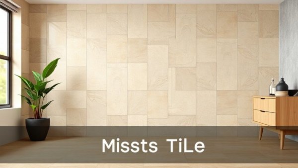 Modern interior displaying mismatched wall and floor tiles with text