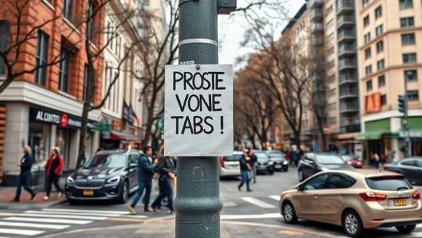 AI protest sign and Flock notice on urban street pole related to Flock employee buyouts.