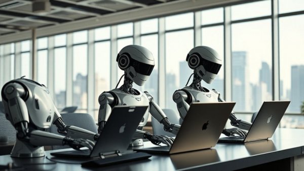 Futuristic AI bots preparing legal documents in modern office