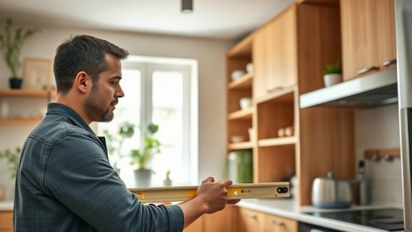 Man installing cabinets in a modern kitchen; tips for DIY success.