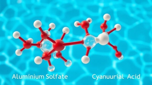 Reduction of Cyanuric Acid in Swimming Pool Water: Chemical diagram featuring Aluminum Sulfate vs. Cyanuric Acid.