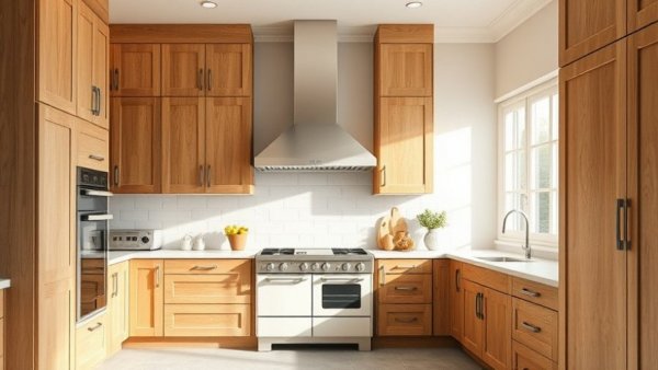 Modern kitchen showcasing wood cabinet finishes.