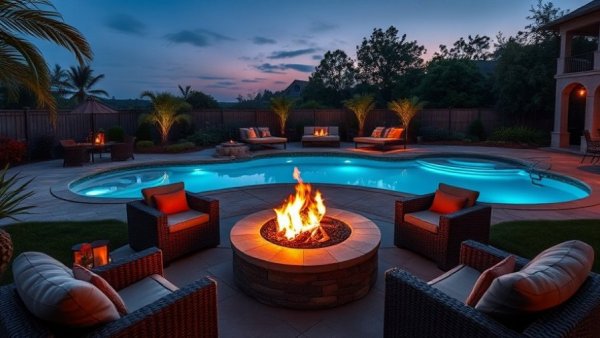 Luxurious backyard with fire pits and pool during twilight