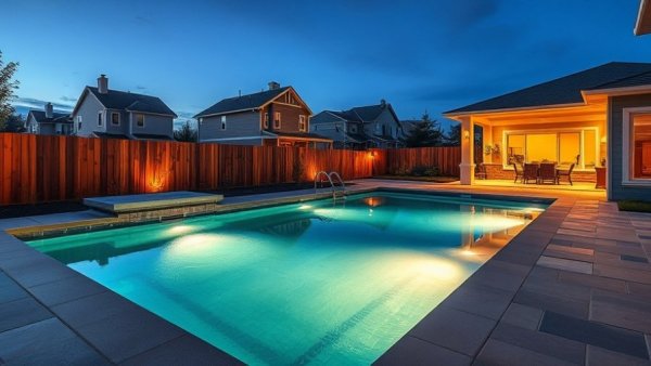 Custom pool features in North Texas backyard with elegant lighting