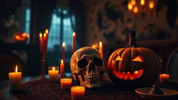 Halloween spa party decor with skull and candles