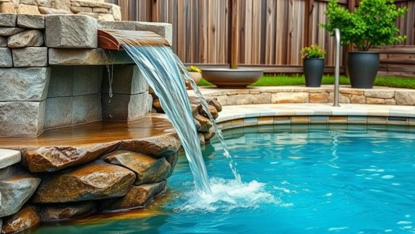 Stone waterfall flowing into a swimming pool with wooden fence.