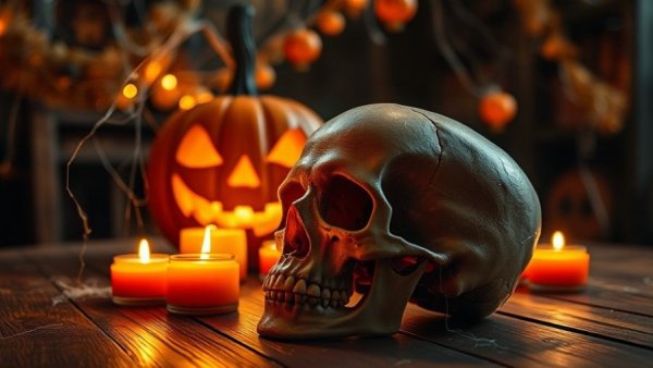Halloween spa party setup with skull, candles, and pumpkin decorations.