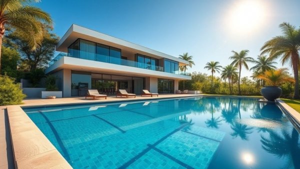 Modern house with custom pool design in a lush setting.