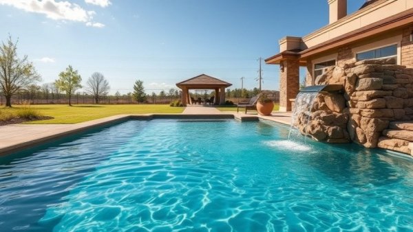 Backyard redesign featuring a pool with a natural stone waterfall.
