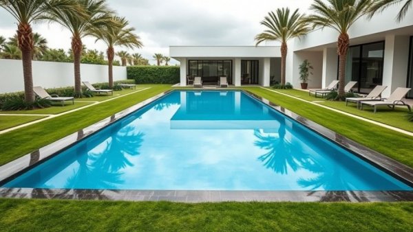 Modern backyard swimming pool with tropical landscaping