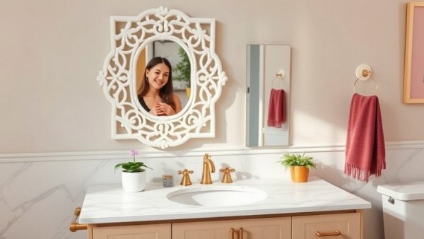 Modern bathroom with ornate mirror and stylish vanity.