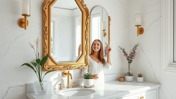 Modern bathroom with ornate mirror and decor, adding a second bathroom.