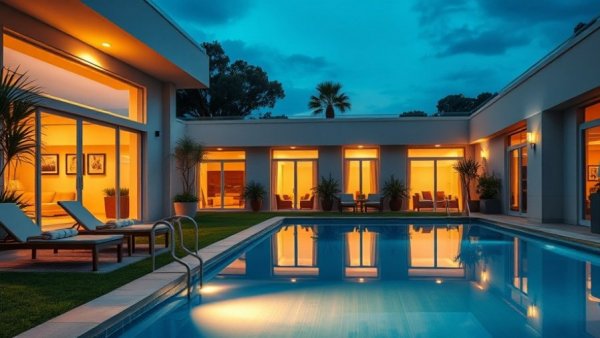 Luxurious pool area at night with layered lighting transforming the space.