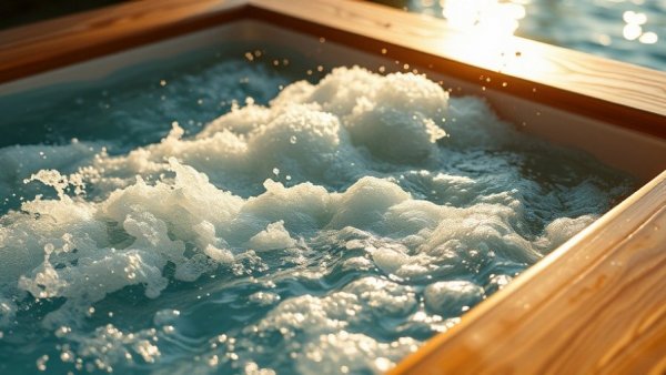 Bubbling hot tub water splashing in sunlight, hot tub water chemistry focus.