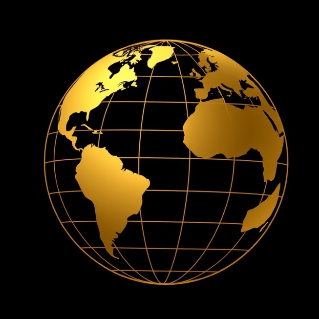 Gold globe icon with longitude and latitude lines on a black background