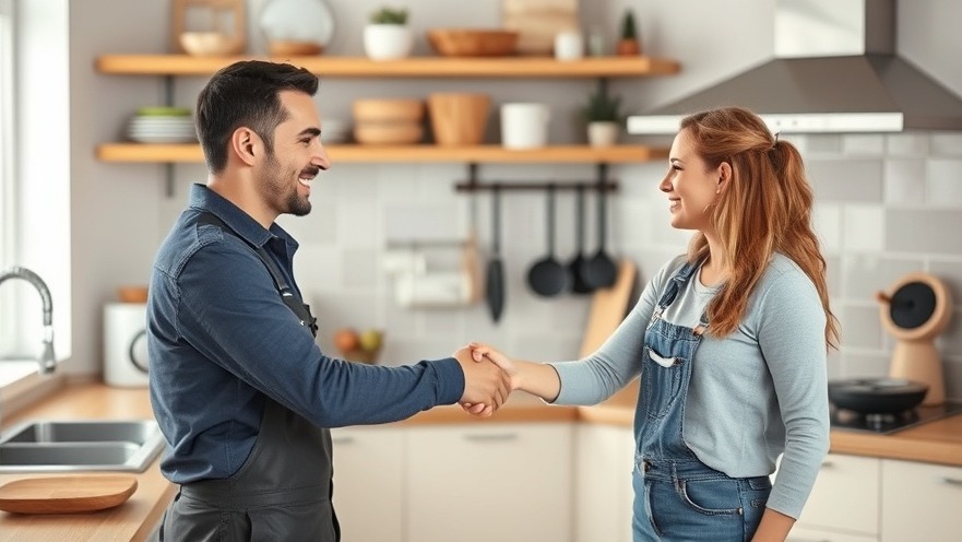 Plumber shaking hands with grateful female customer in a kitchen.
