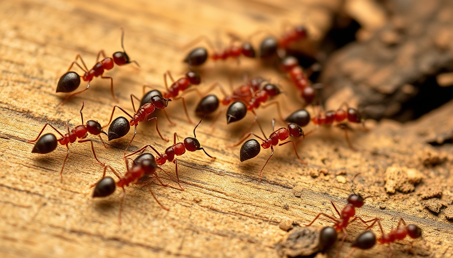 Macro shot of ants on wood for natural ant control tips.