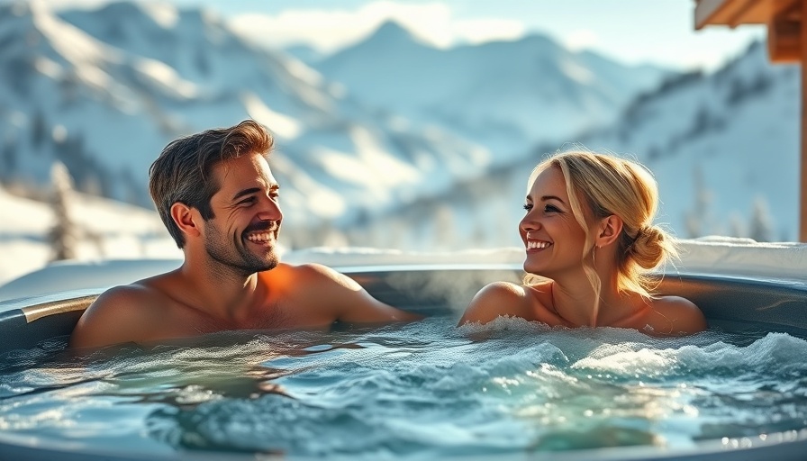 Couple enjoying hot tub benefits in snowy mountain setting.