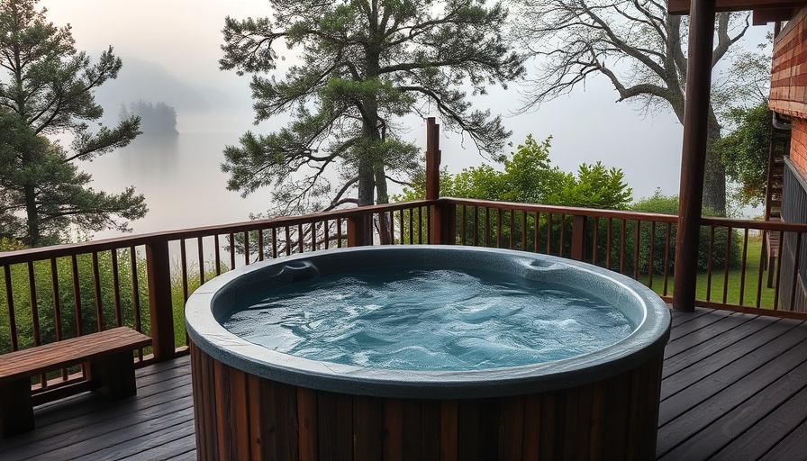 Rustic wooden hot tub by misty lake with forest view.