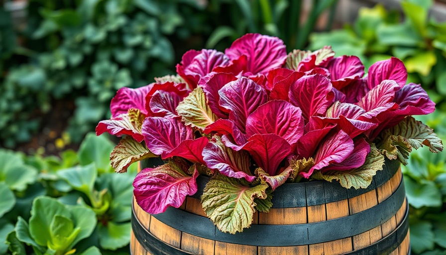 Rustic wine barrel gardening with red lettuce and verdant backdrop.