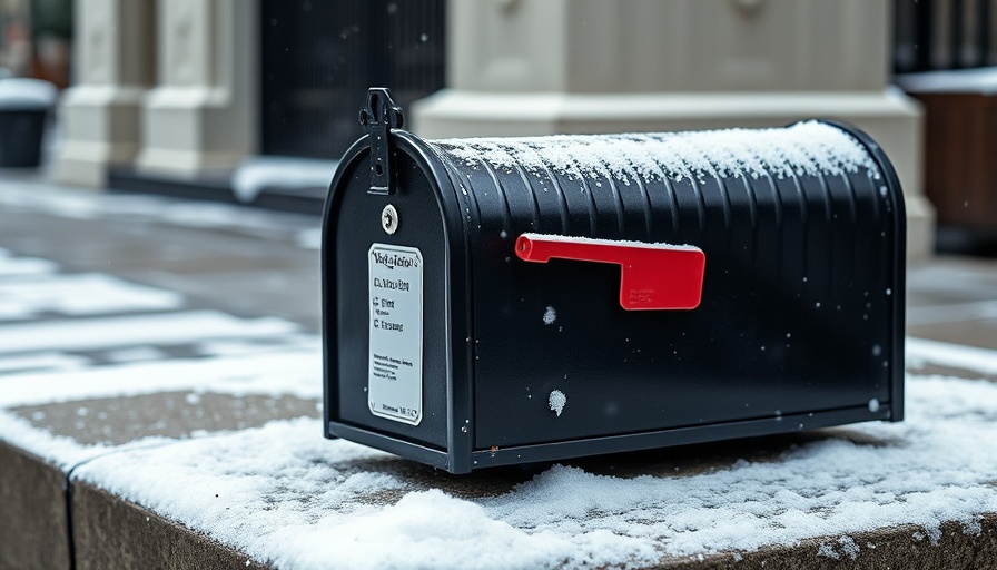 Black metal mailbox with key tag on snowy porch