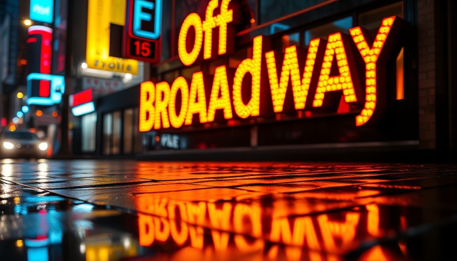 Off-Broadway tickets neon sign reflected on wet pavement.