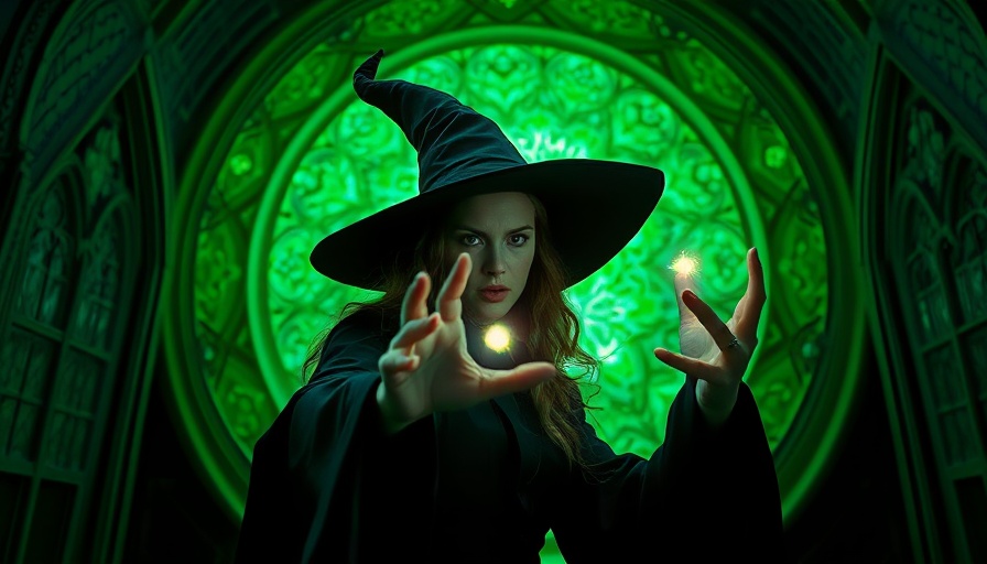 Enchanting witch casting spell in mystical setting with green portal.