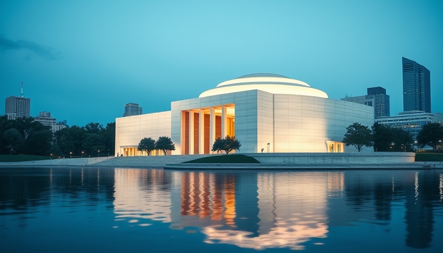 Kennedy Center at night with reflections in the water.