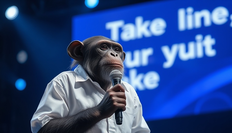 Humanoid chimpanzee performing on stage for Robbie Williams biopic scene.