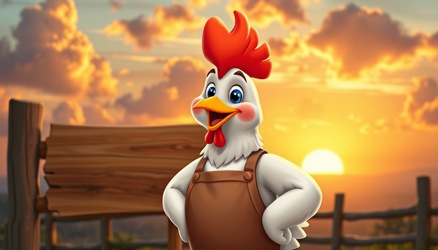 Cute chicken in apron with colorful background, H5N1 bird flu impact on prices theme.