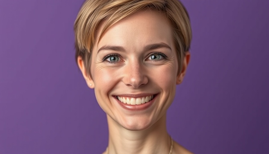 Smiling woman on a purple backdrop for Stephen Sondheim's Old Friends.