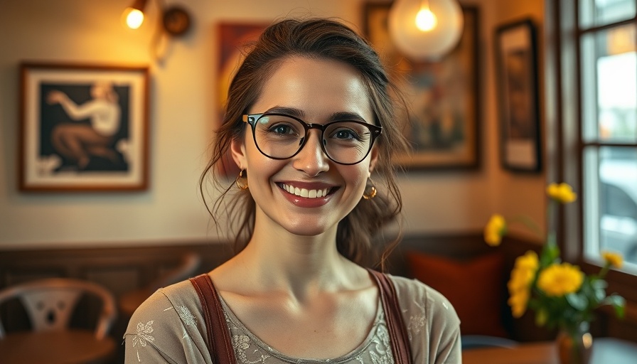 Smiling woman with glasses in a cafe, warm decor and lighting.