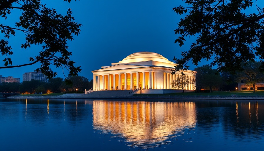 Illuminated Kennedy Center reflecting on water at night.