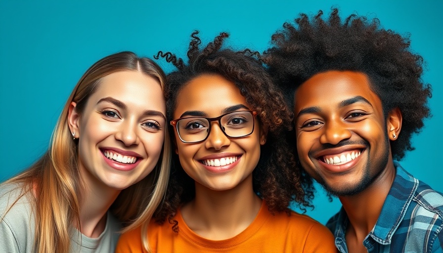 Three smiling young adults posing together against a gradient background.