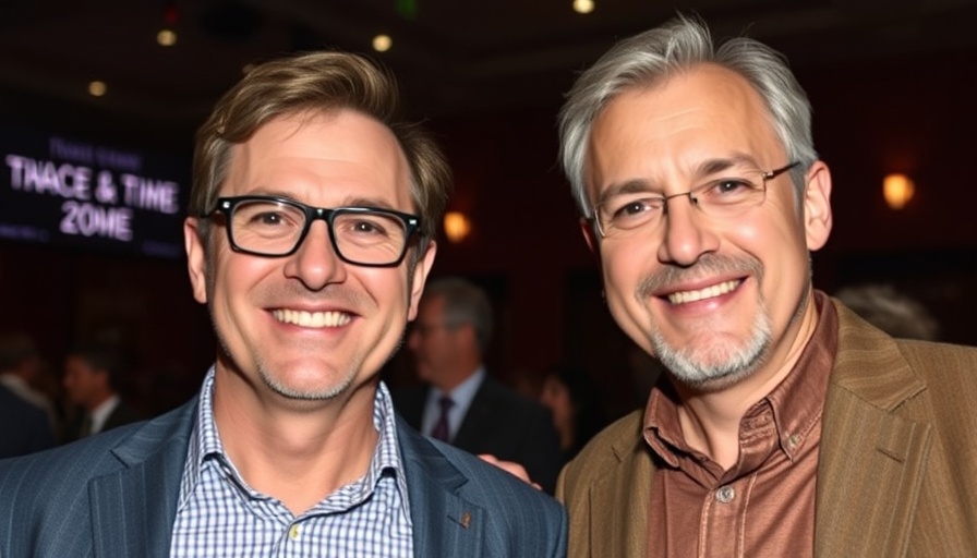 Two smiling men at theater event for Hulu Mid-Century Modern.