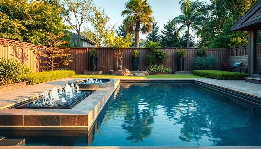 Modern swimming pool design with water features and garden.