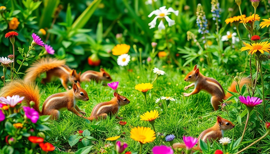 Squirrels in a vibrant garden, nature and pest prevention.