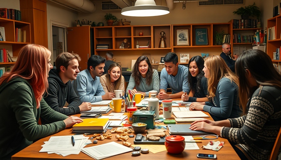 College students discussing around a table during an all-nighter study session.