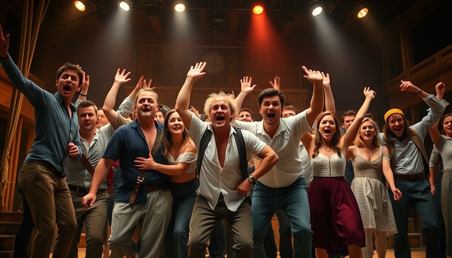 Hamilton cast performing energetically on stage with dramatic lighting.