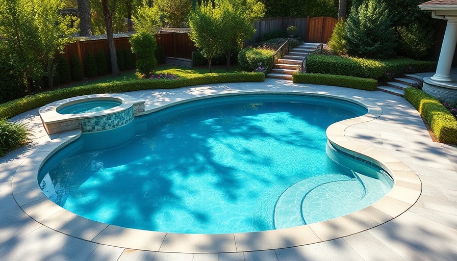 Elegant pool remodel with lush greenery and stone deck