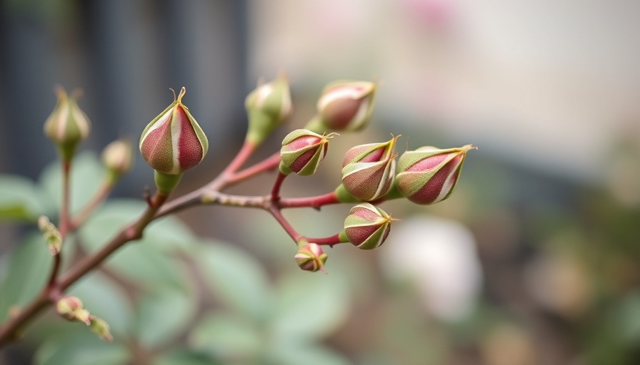 Close-up budding rose plant branches in early spring.