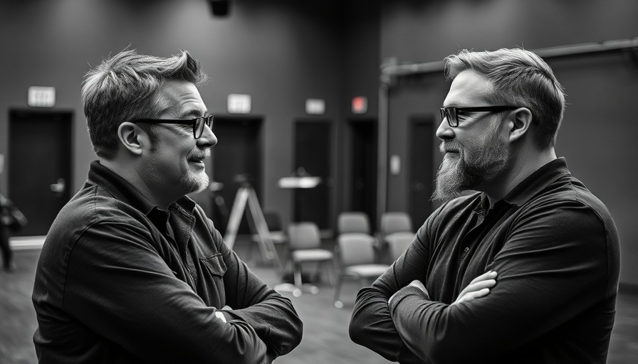 Monochrome photo of two men rehearsing in a theater setting.